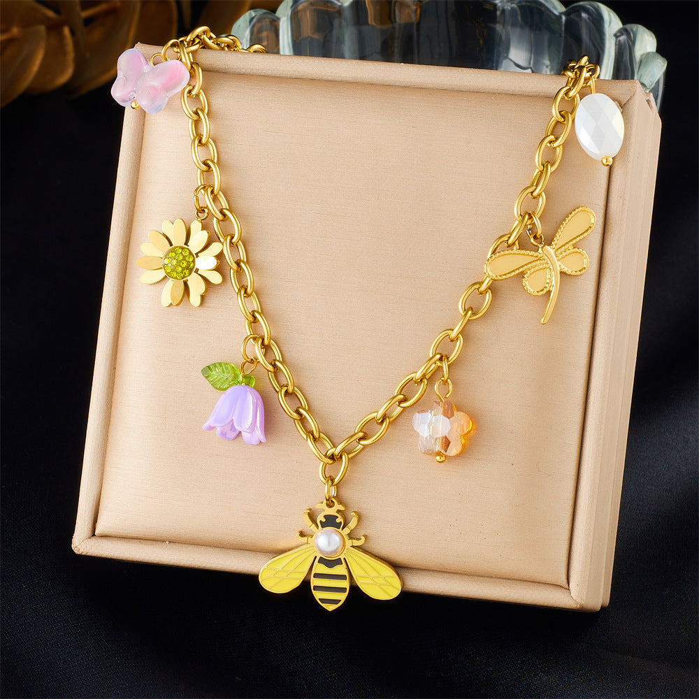 Elegant Stainless Steel Drip Oil Moon Sun Flower Pendant Necklace with Cable Chain for Women