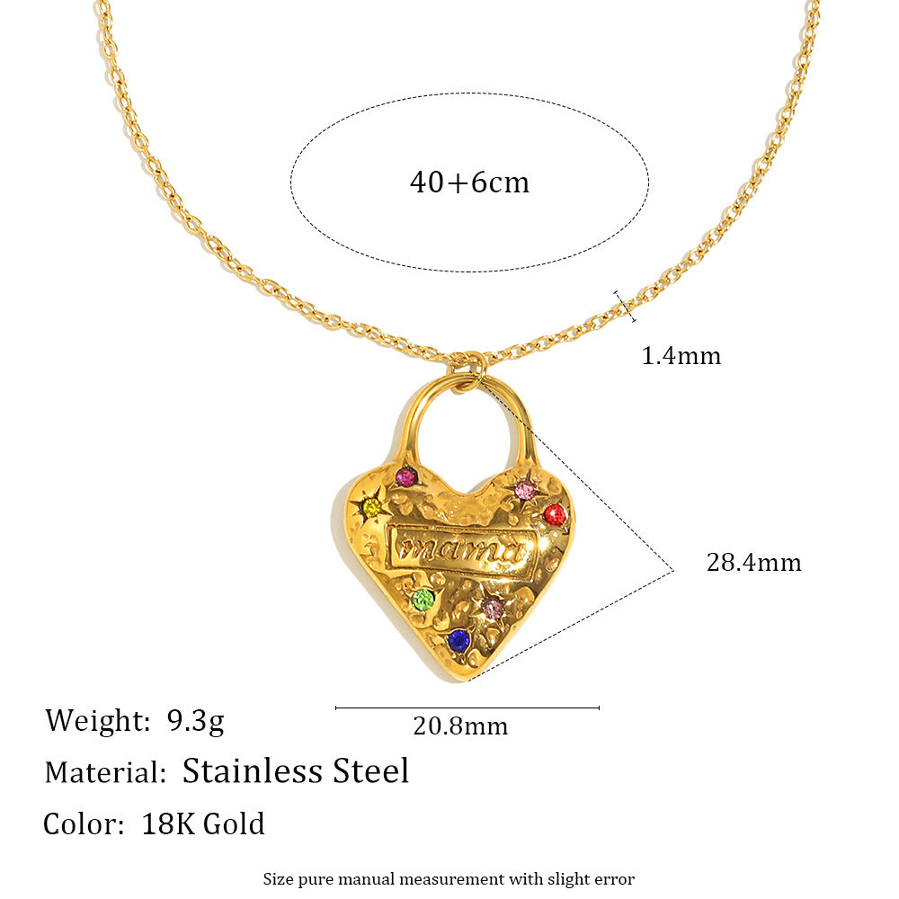 Luxury Vintage Heart-Shaped Stainless Steel Pendant Necklace with 18K Gold Plating and Colored Zircon for Women