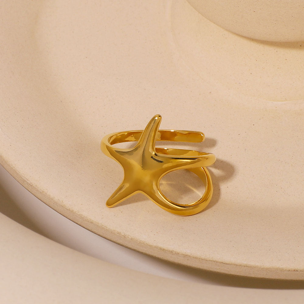 Modern Minimalist Stainless Steel Five-Point Star Ring with Asymmetrical Wire-Wrap Design