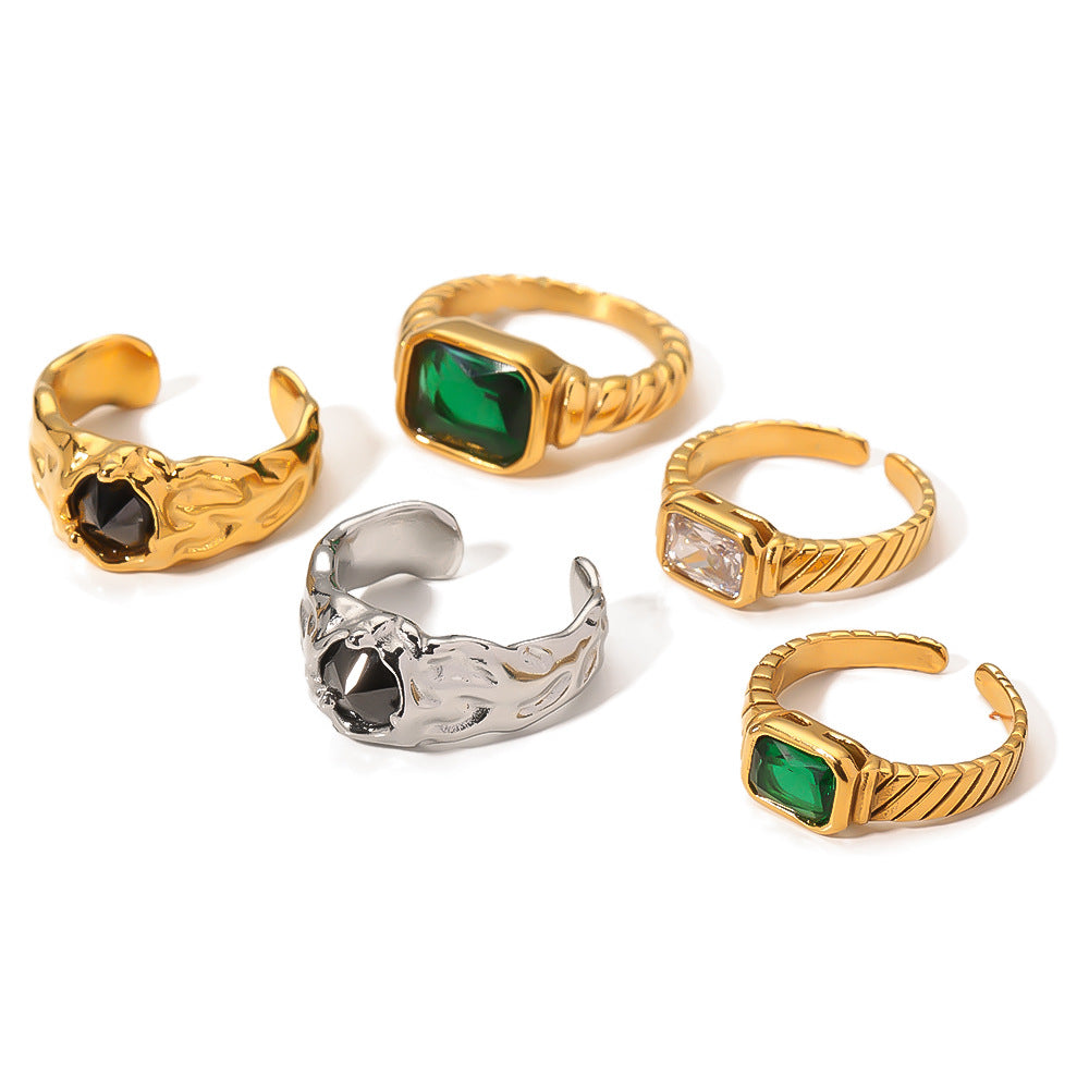 Anello vintage verde smeraldo con motivo geometrico da donna, con fascia in acciaio inossidabile placcato in oro 18 carati e intarsio in zircone