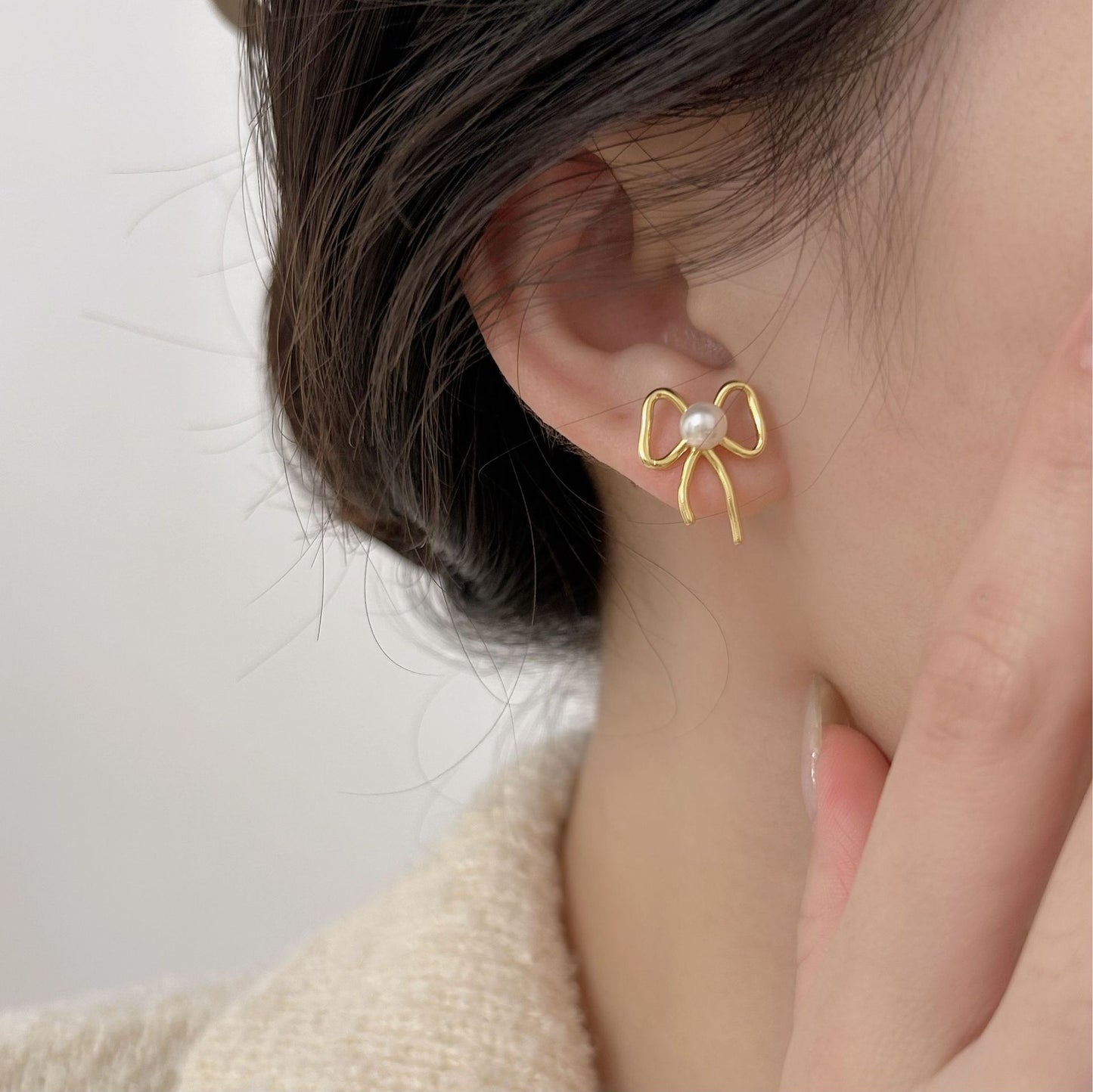 Minimalist Bowknot Pearl Stud Earrings in 925 Sterling Silver with Gold Plating