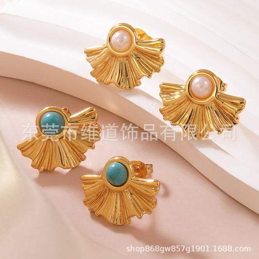 Pendientes elegantes de acero inoxidable con incrustaciones geométricas florales para mujer