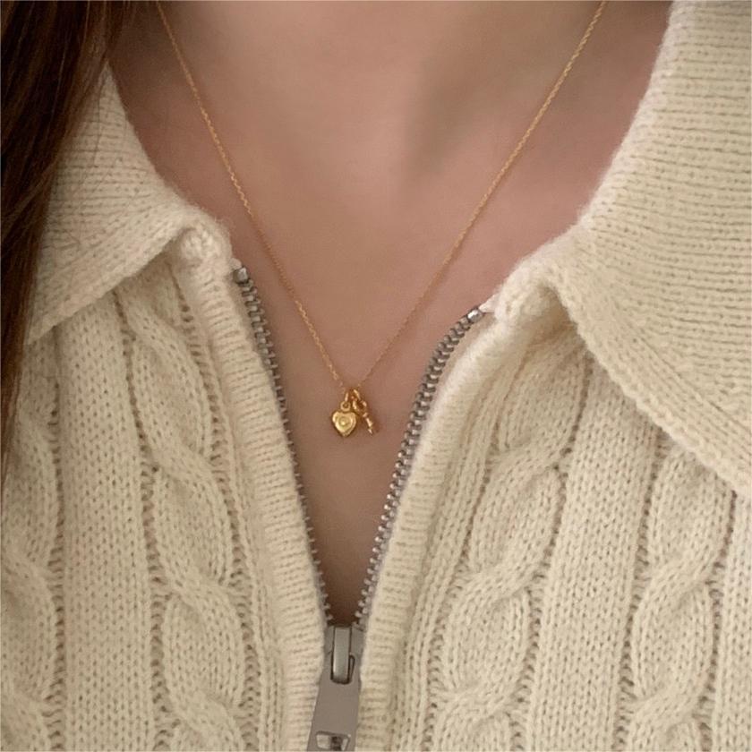Minimalist Heart Key Pendant Necklace in 925 Sterling Silver with Gold Plating on Snake Chain