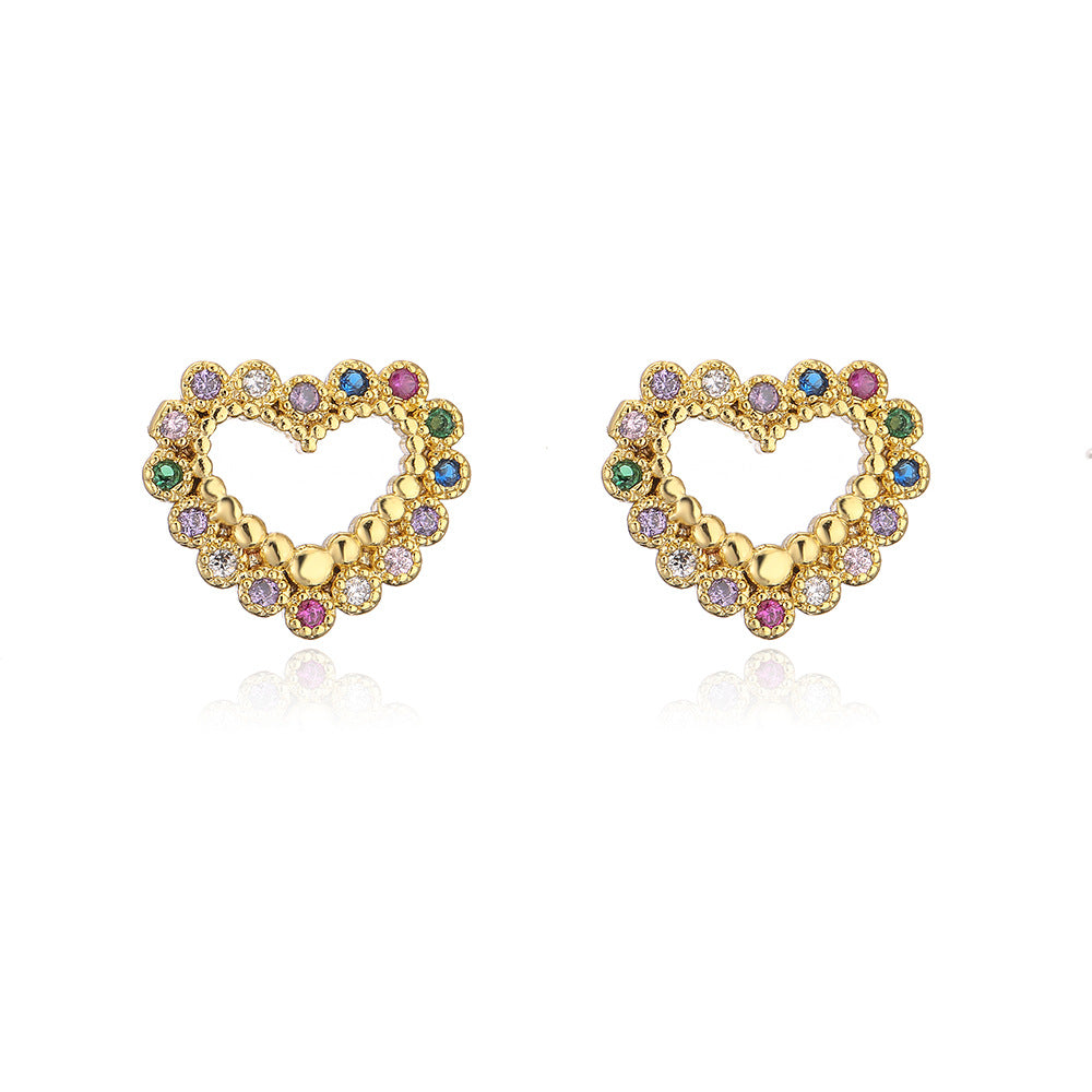 Minimalist Heart-Shaped Copper Earrings with 18K Gold Plating and Micro-Pave Zirconia for Women
