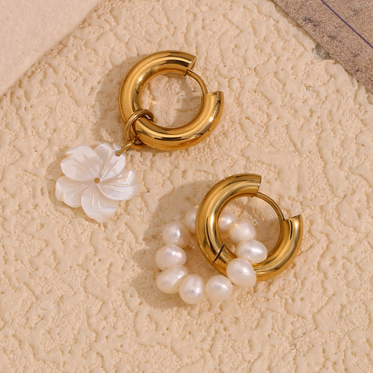 Fashionable Vintage Asymmetrical Pearl and Floral Earrings in Stainless Steel with 18K Gold Plating