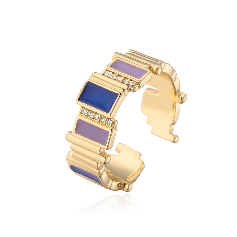 Geometric Open Ring for Women with Copper Base Plated in Real Gold Featuring Zircon Inlay and Enamel Finish