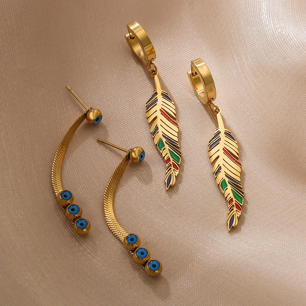 Bohemian Style Leaf-Shaped Titanium Steel Earrings for Women with Enamel Blue Eye Detail and Micro-Pave Setting
