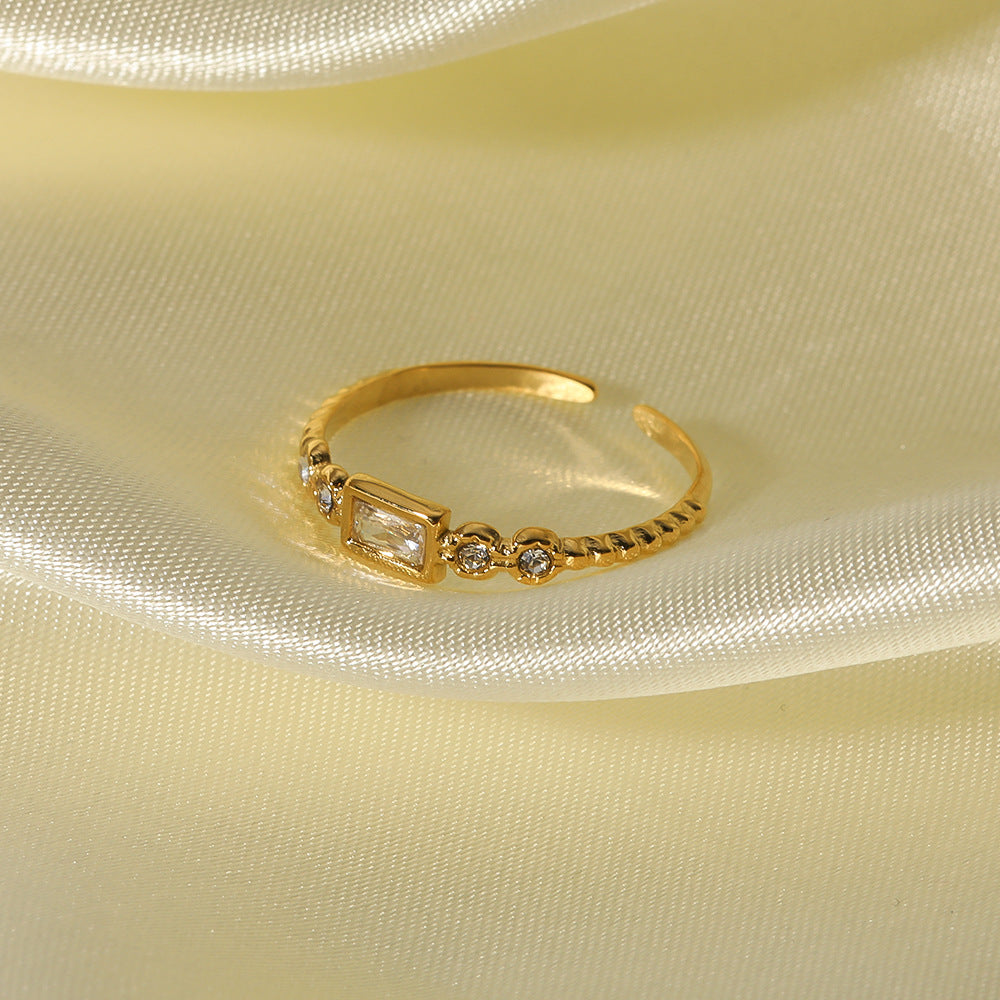 Minimalist Geometric Stainless Steel Ring with 18K Gold Plating and White Rhinestone Accents for Women