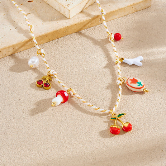 Sweet Gold Plated Drip Oil Ceramic Flower Pendant Stainless Steel Rope Chain Necklace for Women