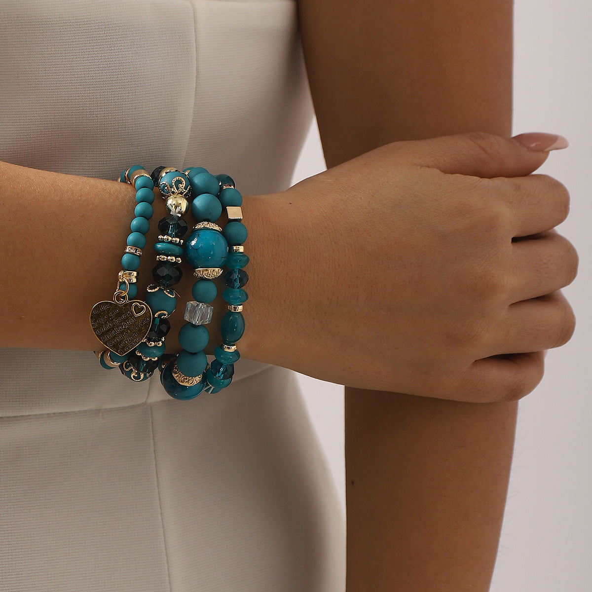 Bohemian Style Heart-Shaped Alloy Beaded Stretch Bracelet with Plated Finish