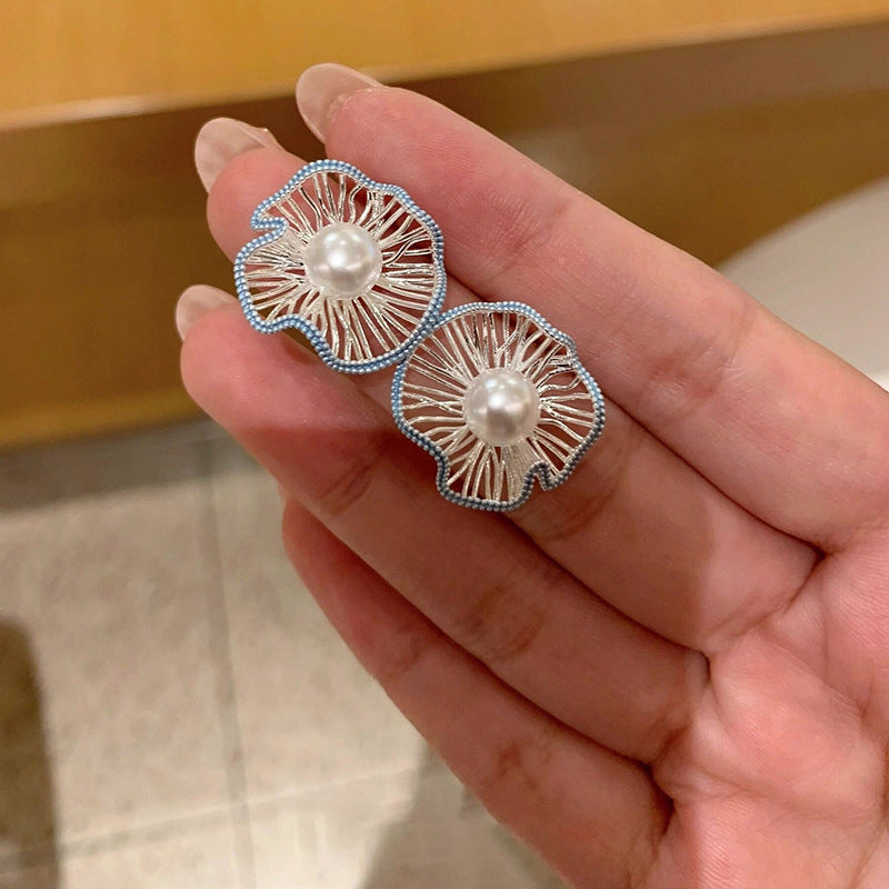 Elegantes Pendientes de Botón Estilo Perla con Acabado Esmaltado, Diseño Floral Geométrico, Postes de Acero Inoxidable, para Mujer