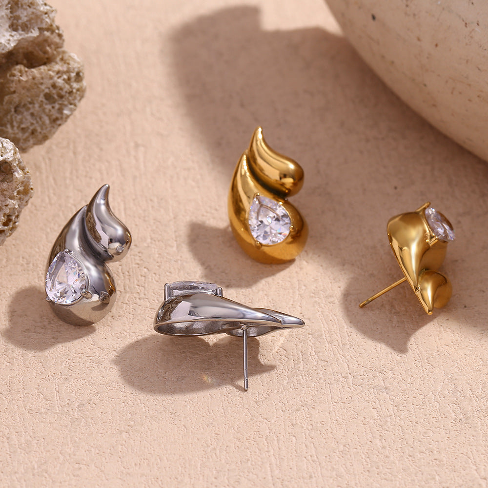 Minimalist Teardrop-Shaped Stainless Steel Earrings with 18K Gold Plating and Zircon Accents for Women