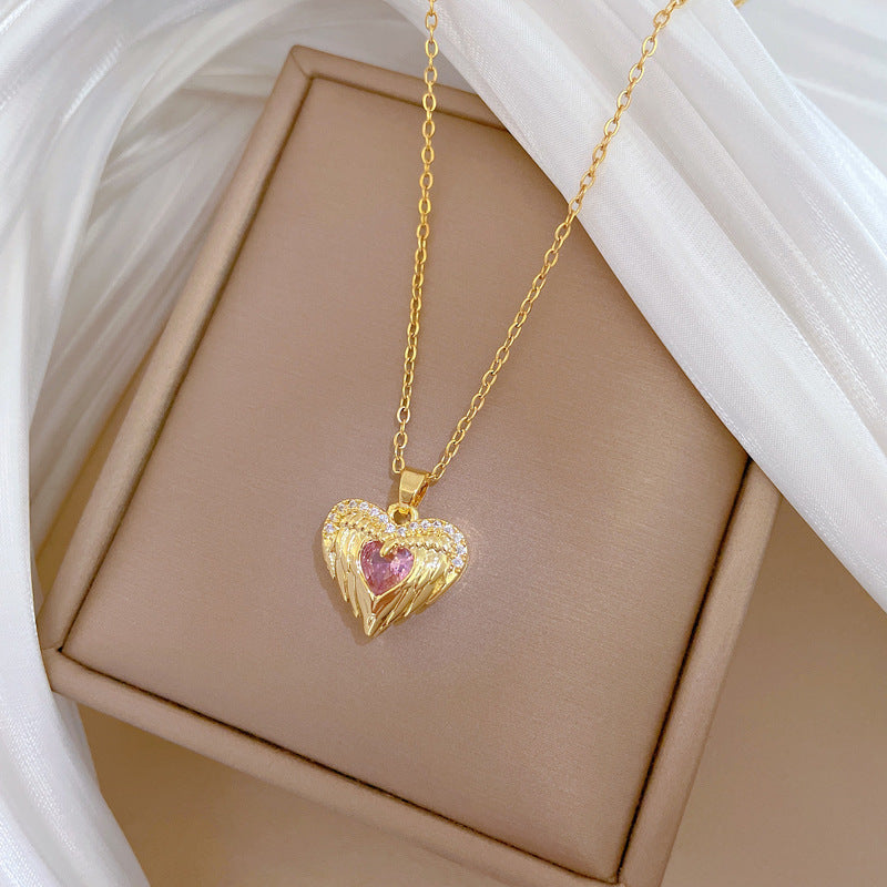 Pink Heart-Shaped Titanium Steel Pendant Necklace with Copper Inlay and Rhinestone Accents, Minimalist Locket Chain for Women and Men