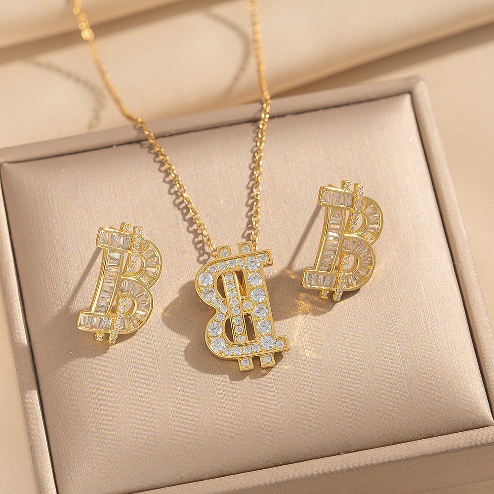 Set di Collana e Orecchini con Ciondolo a Goccia a Cuore Minimalista di Lusso in Acciaio al Titanio con Intarsi di Strass e Placcatura in Oro su Catena a O