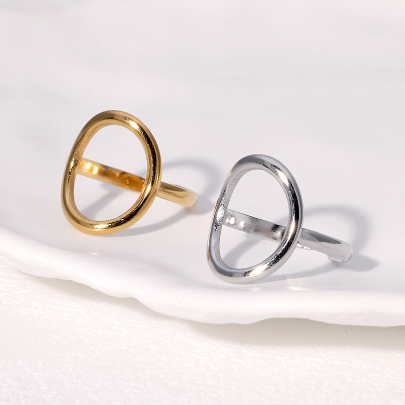 Minimalist Geometric Round Stainless Steel Ring for Women with Gold Plating and Adjustable Open Band