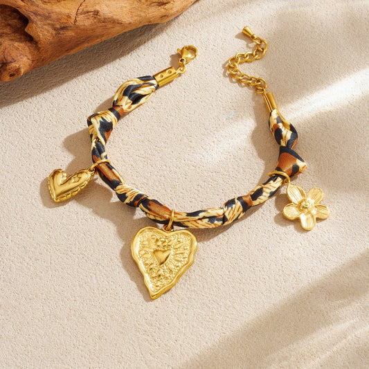 Vintage Bohemian Gold Plated Stainless Steel Rope Chain Bracelet with Leopard Print Floral Heart Pendant
