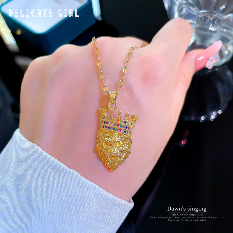Exotic Geometric Crown Animal-Themed Titanium Steel Micro-Pave Necklace for Women Delicate Clavicle Chain
