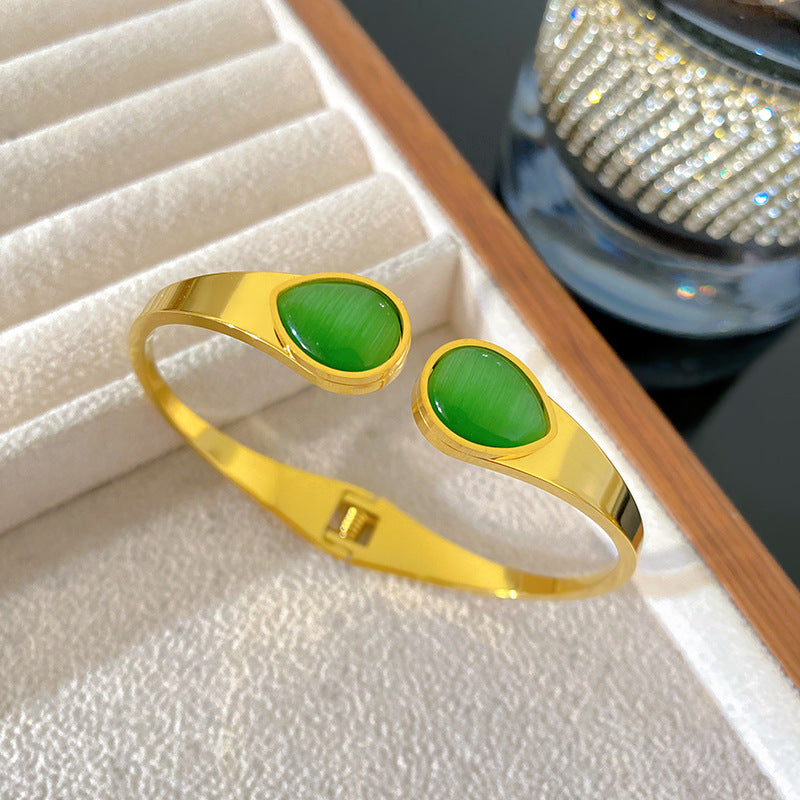 Vintage Elegant Teardrop Cat's Eye Inlay Polished Titanium Steel Cuff Bracelet