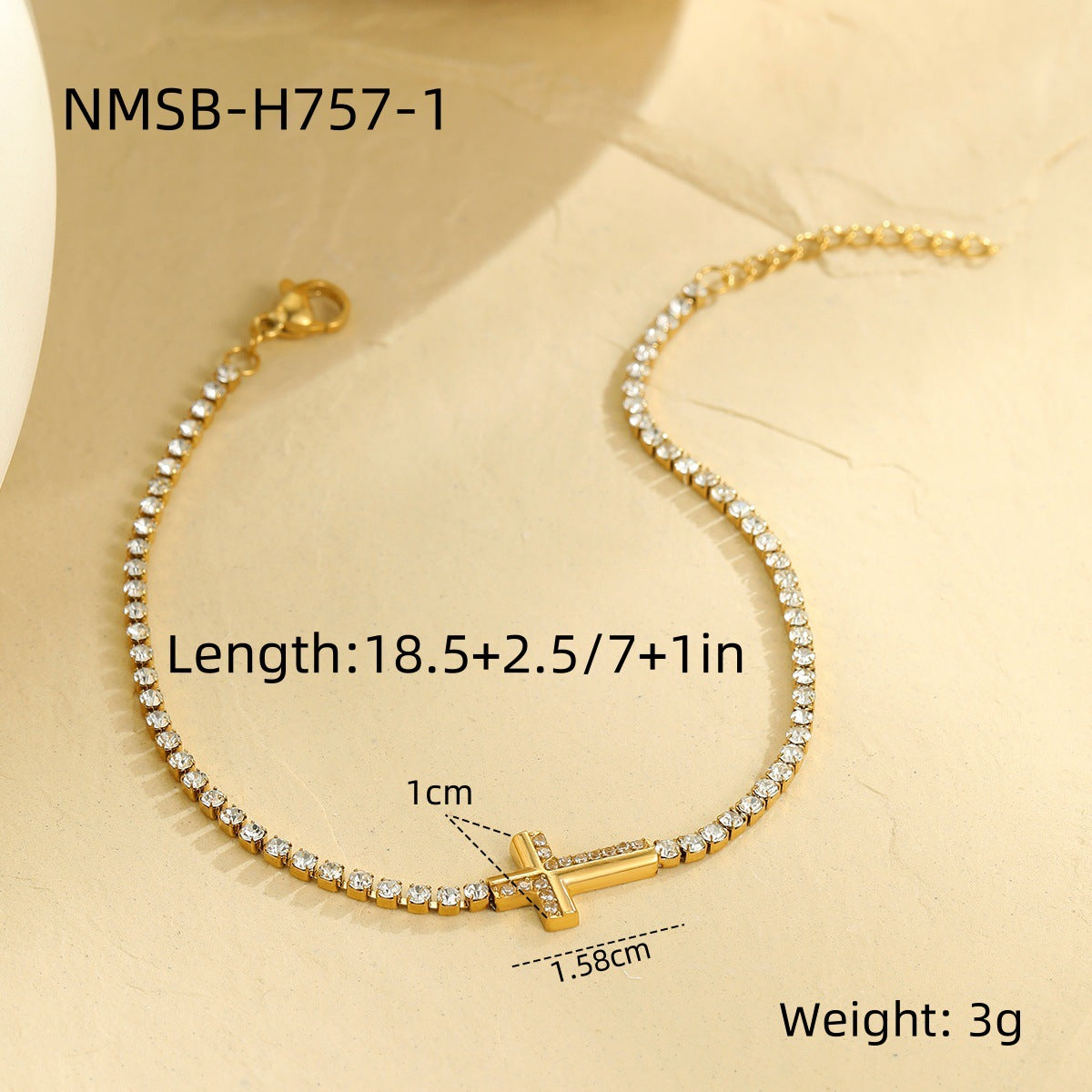 Fashionable Geometric Cross Bracelet in Stainless Steel with Rhinestone Inlay and Gold Plating for Women
