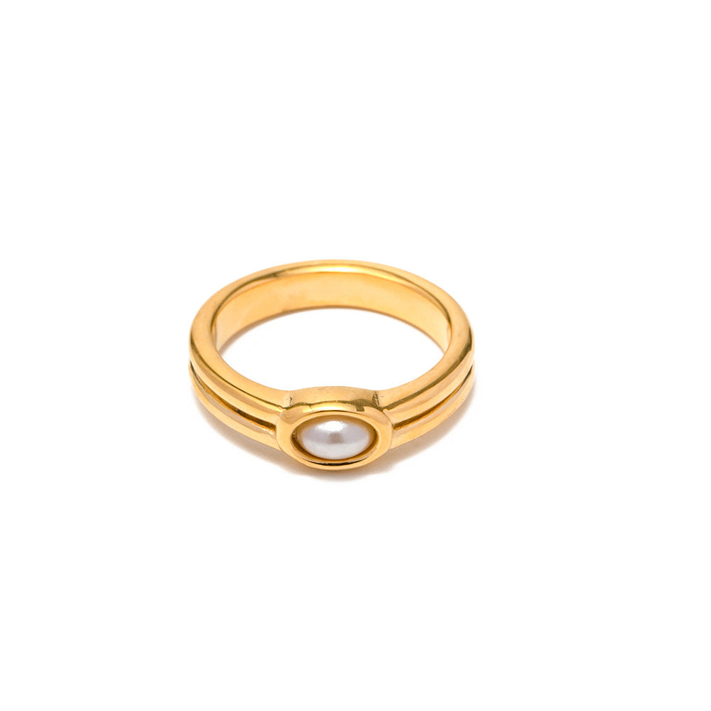 Anello geometrico minimalista da donna in acciaio inossidabile placcato oro 18 carati con intarsio di perle