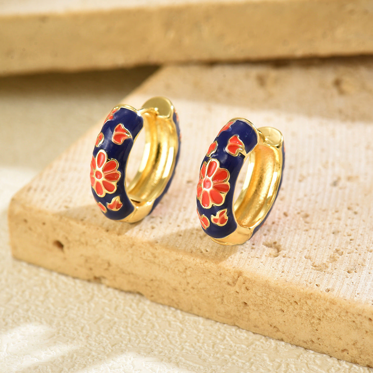 Vintage Floral Enamel Earrings for Women with Geometric Shape and Eco-Friendly Copper Post