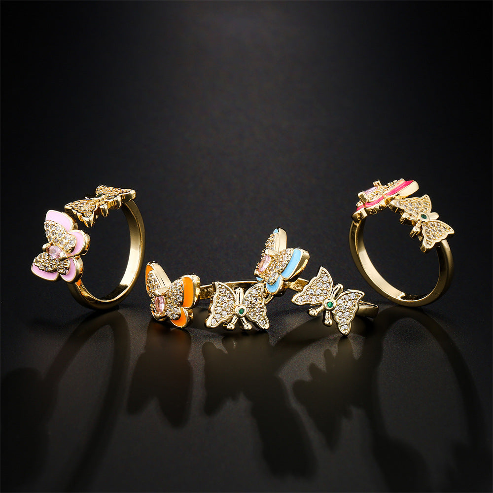 Anello a farfalla aperto stile naturale in rame placcato oro 18K con zirconi micro-incastonati
