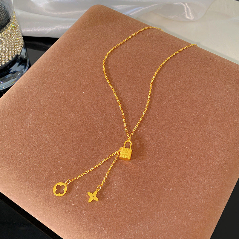 Geometric Titanium Steel Plated Lock Clover Tassel Necklace