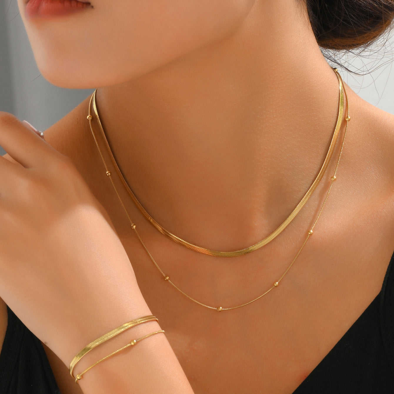 Juego de collar y pulsera minimalistas de varias capas estilo americano para mujer con diseño geométrico circular y lineal chapado en cobre