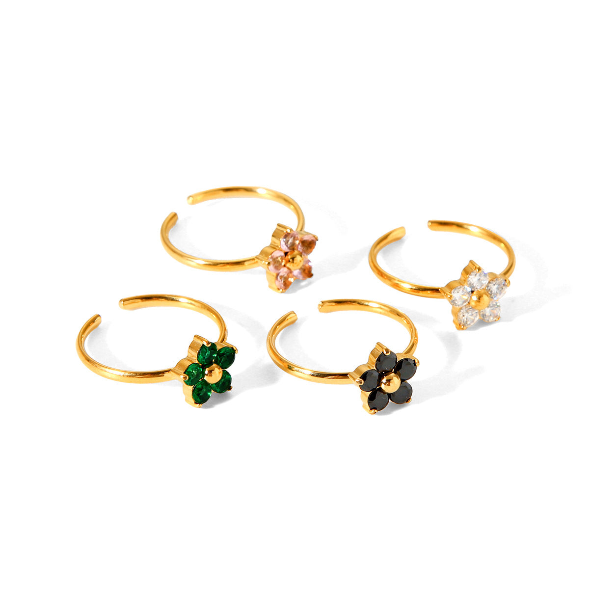 Floral Open Ring for Women in Stainless Steel with Rhinestone Inlay, Plated Finish, Lightweight Luxury French Style