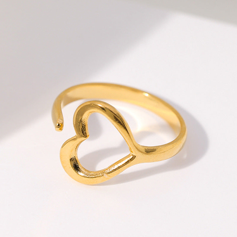 Minimalist Titanium Steel Leaf and Heart Shape Open Ring for Women with Plated Finish