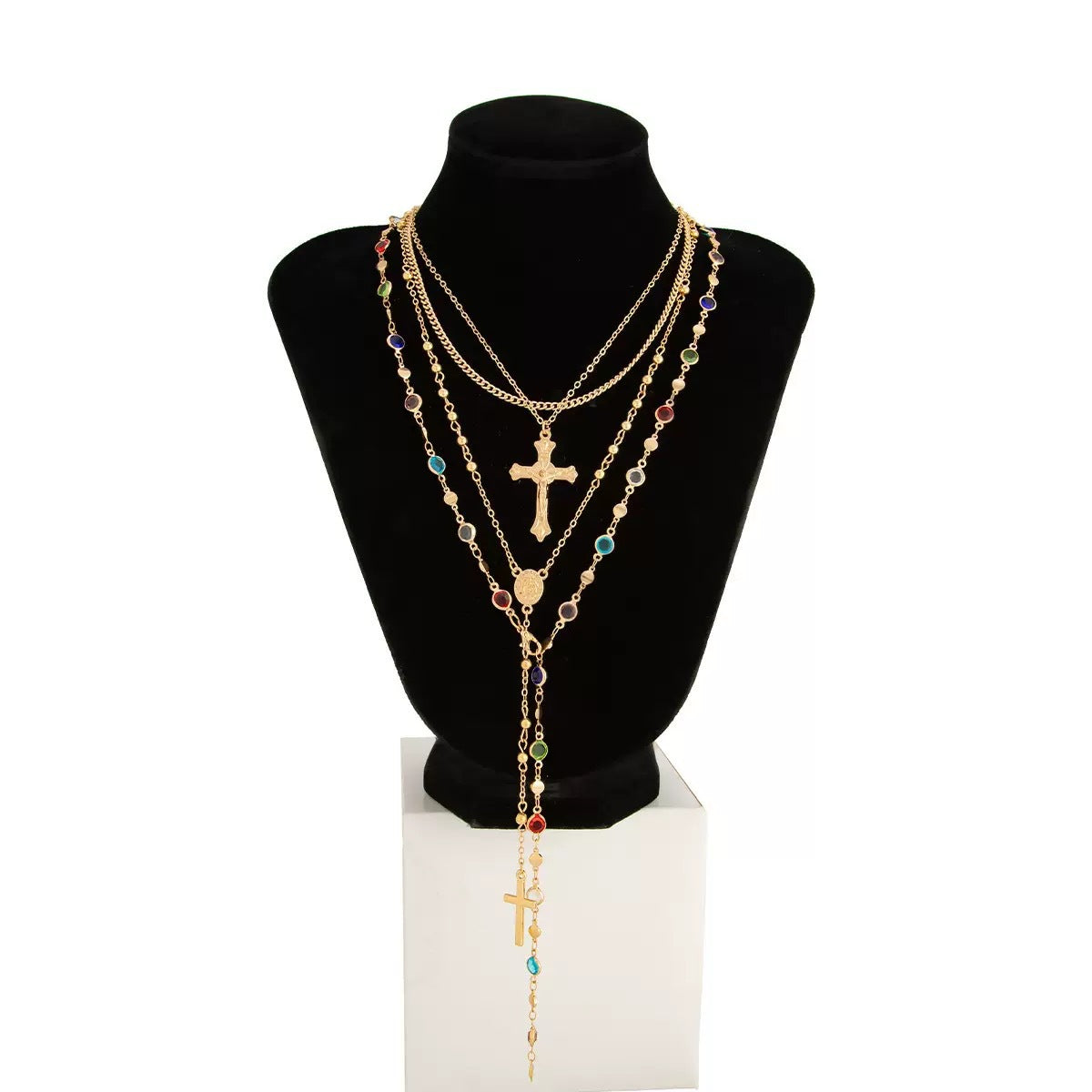 Collar con colgante de aleación de cruz geométrica con incrustaciones de diamantes de imitación informal con cadena en capas para unisex