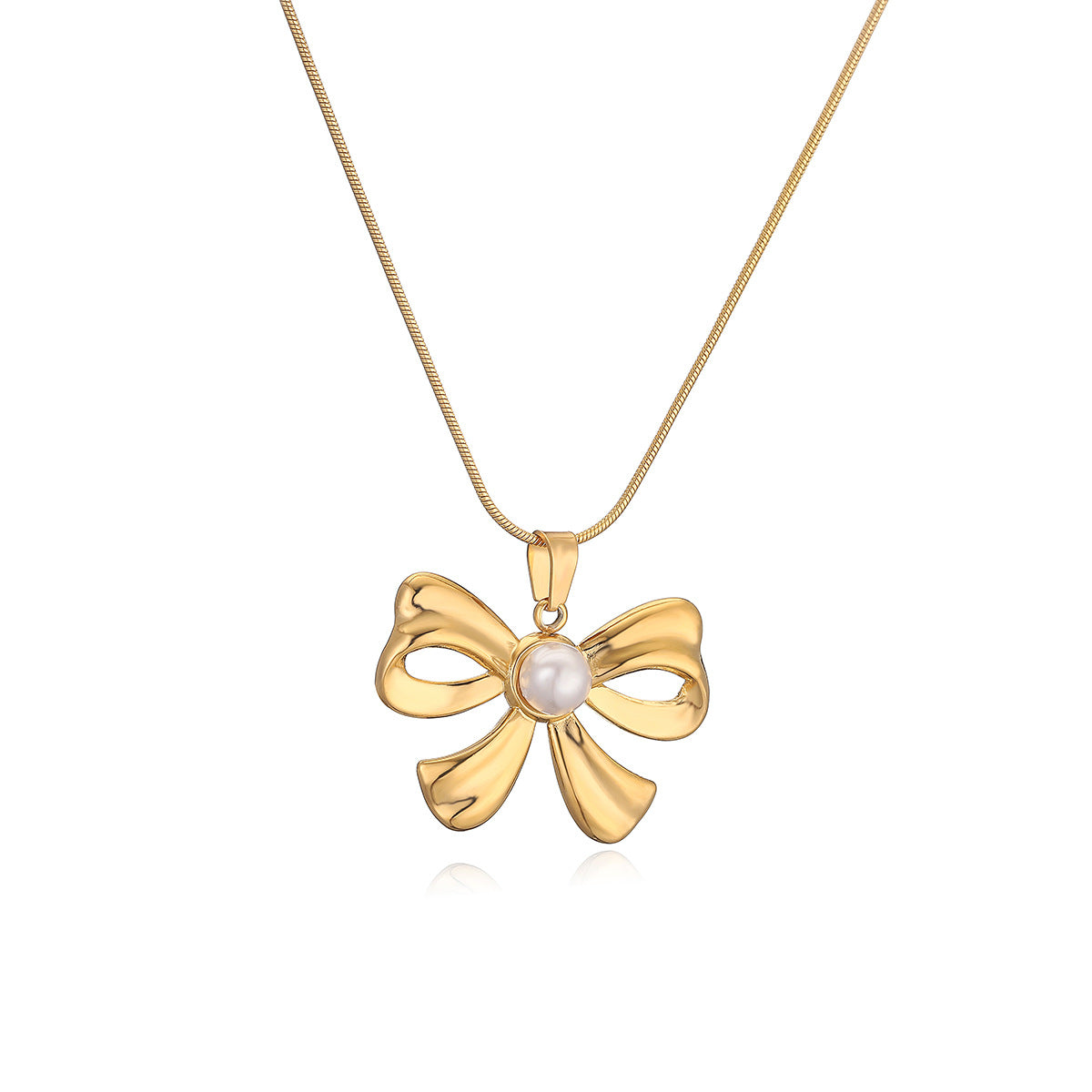 Sweet Vintage Bow-Shaped Pendant Necklace for Women Made of Titanium Steel with Gold Plating