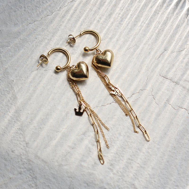 Vintage-Inspired Irregular Heart-Shaped Stainless Steel Earrings with 18K Gold Plating and Fringe Detail