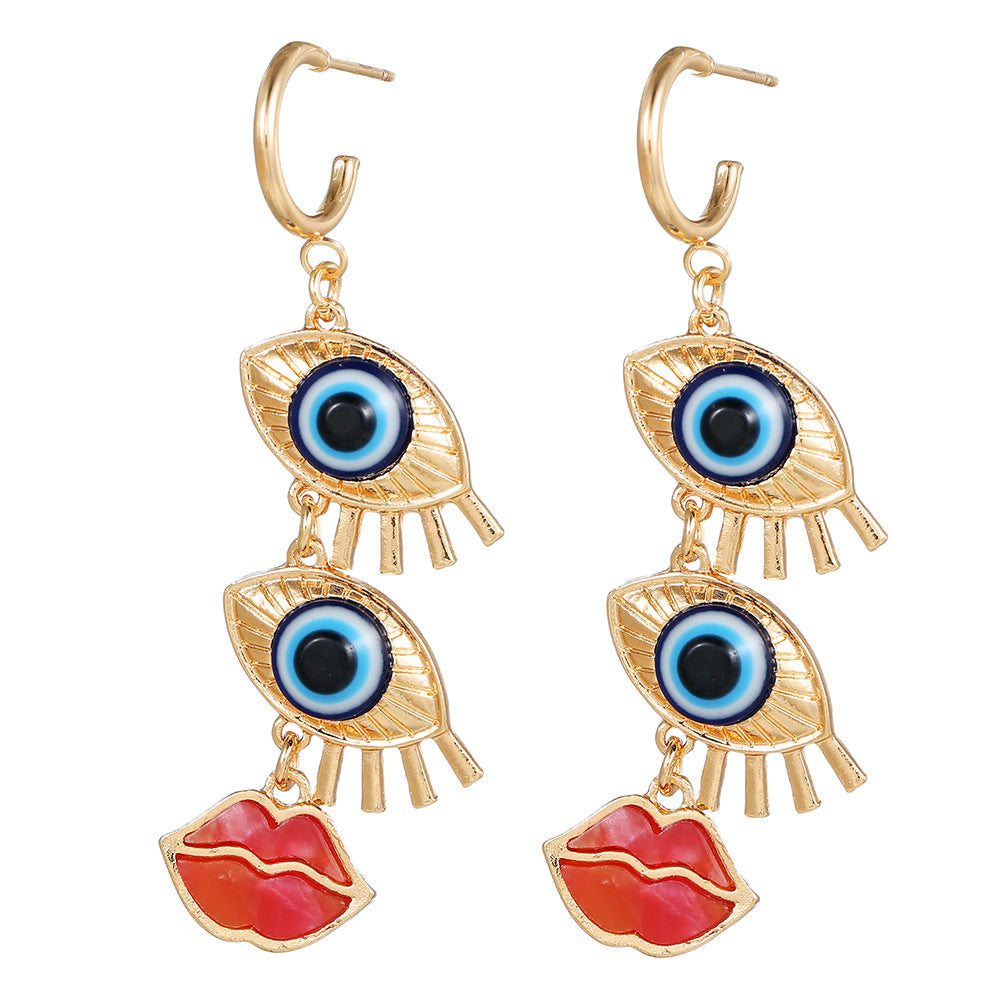 Geometric Round Drip Oil Alloy Earrings with Lips and Evil Eye Design