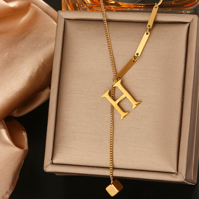 Minimalist Titanium Steel Letter Pendant Necklace with Tassel for Women