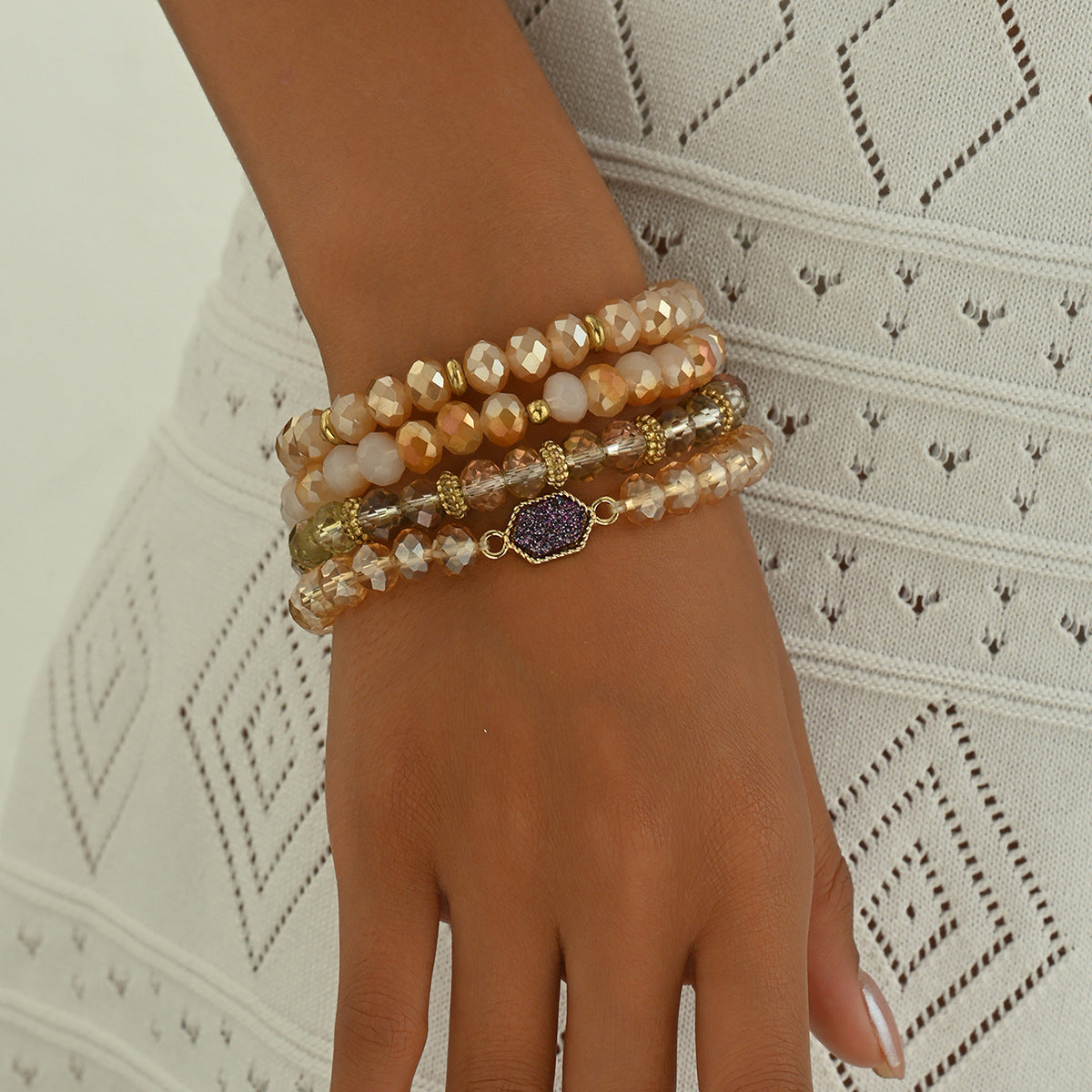 Minimalist Geometric Beaded Bracelet Set for Women with Crystal Accents and Alloy Inlay Handwoven Design