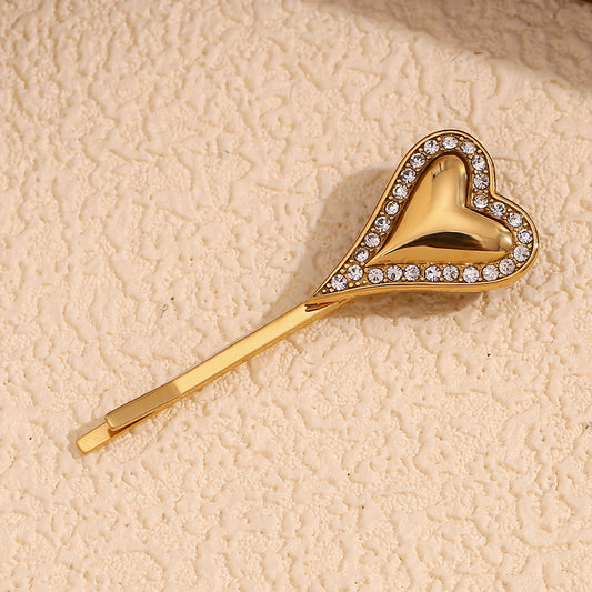 Vintage Heart-Shaped Stainless Steel Hair Clip with 18K Gold Plating and Rhinestone Accents for Women