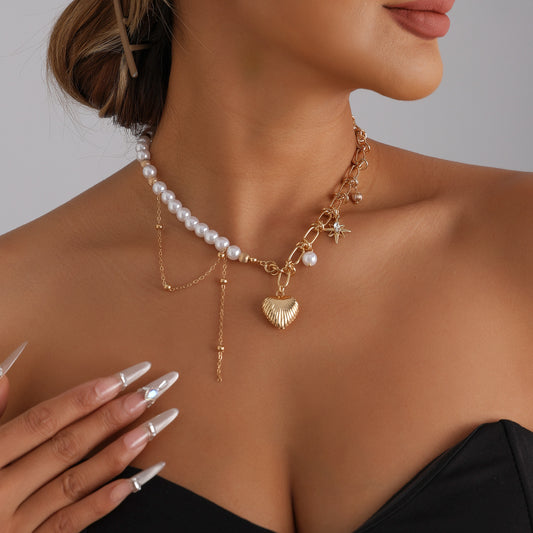 Vintage Heart Geometric Star Alloy Plated Necklace for Women
