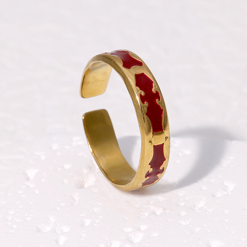 Vintage Stainless Steel Adjustable Ring with 18K Gold Plating and Enamel Finish for Women