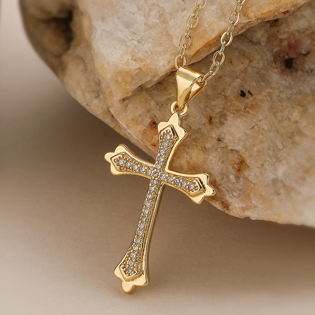 Minimalist Gold Plated Brass Cross Pendant Necklace with Cubic Zirconia for Women