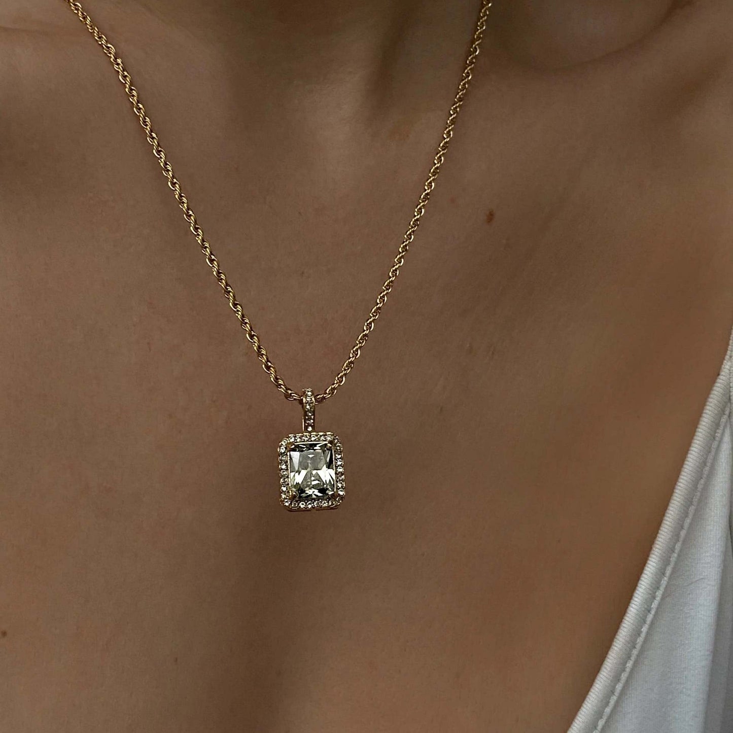 Minimalist Geometric Square Pendant Necklace in Titanium Steel with Rhinestone Pave Setting and Plated Finish for Women