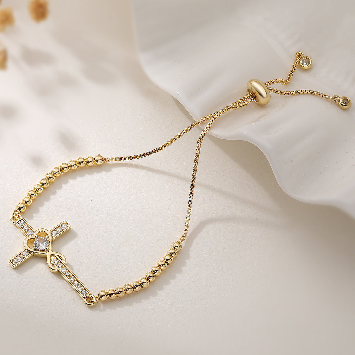 Gold Plated Brass Cross Bracelet with Cubic Zirconia for Women