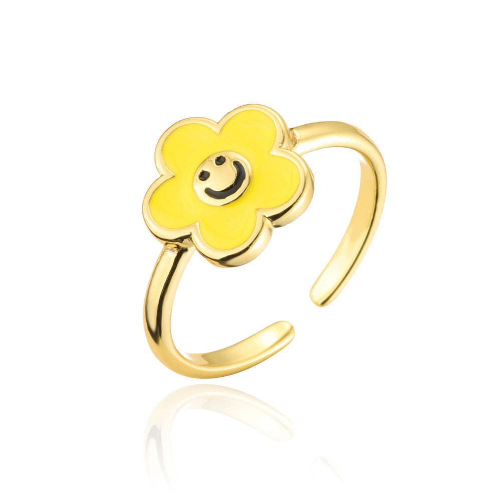 Fashion Drip Oil Gold Plated Brass Geometric Flower Open Ring for Women