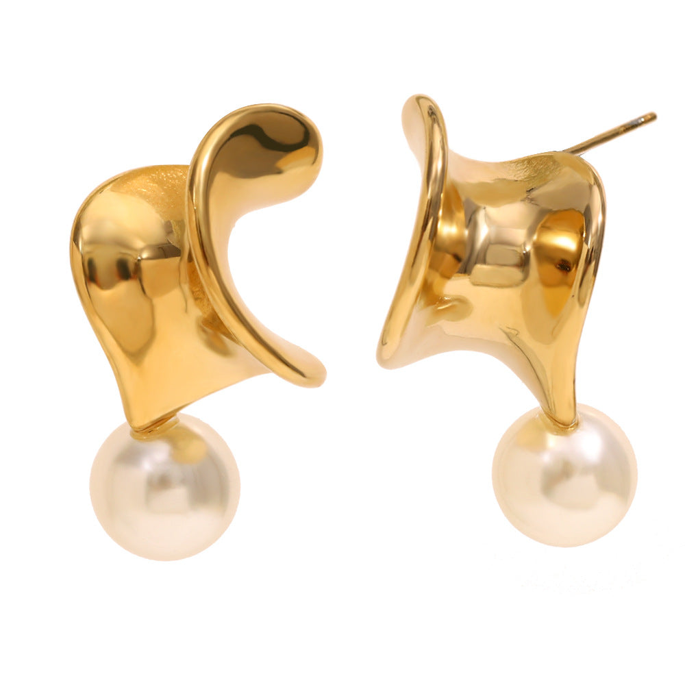 Elegant Geometric Stainless Steel Earrings with 18K Gold Plating and Twisted Pearl Accent for Women