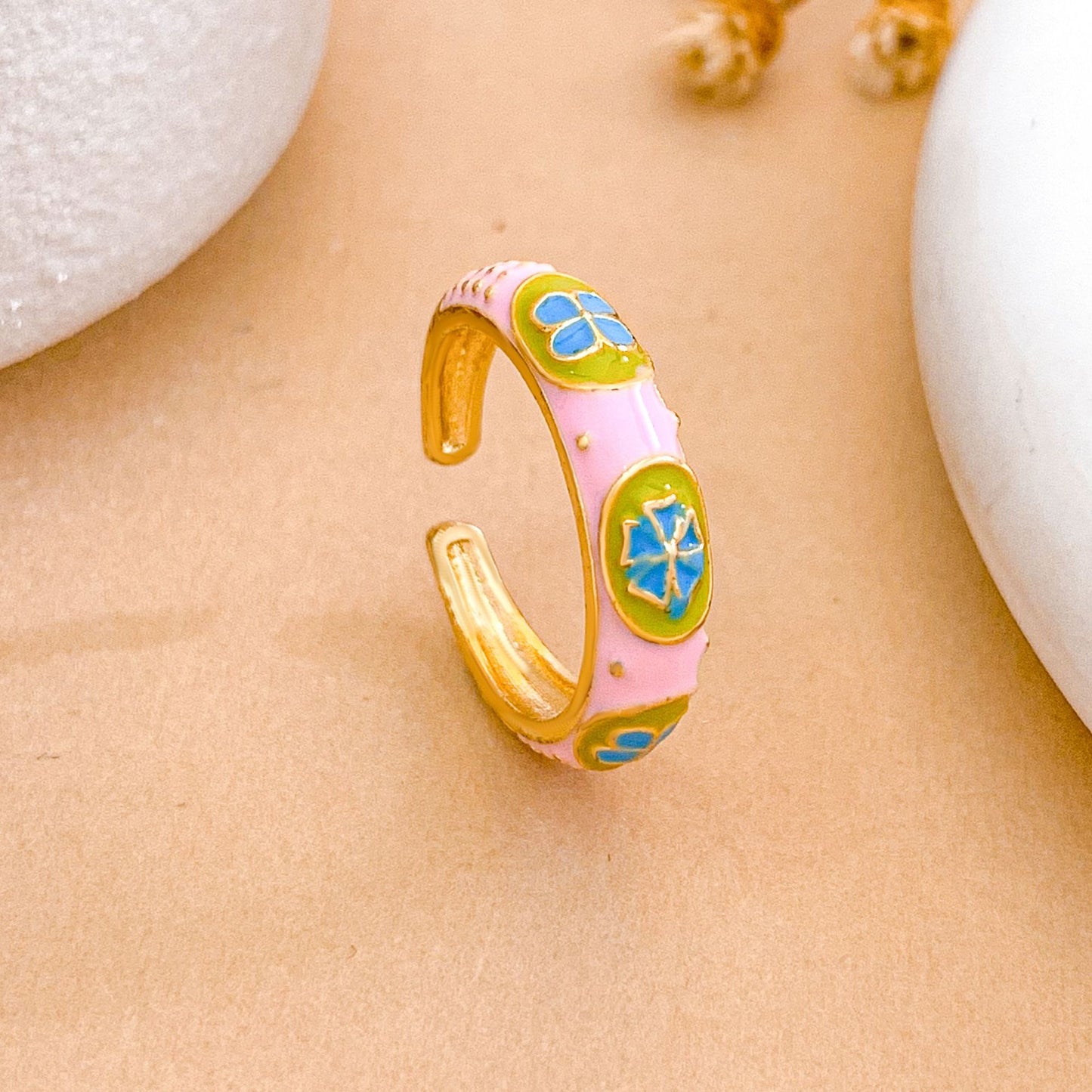 Sweet Minimalist Floral Enamel Gold Plated Brass Adjustable Ring for Women