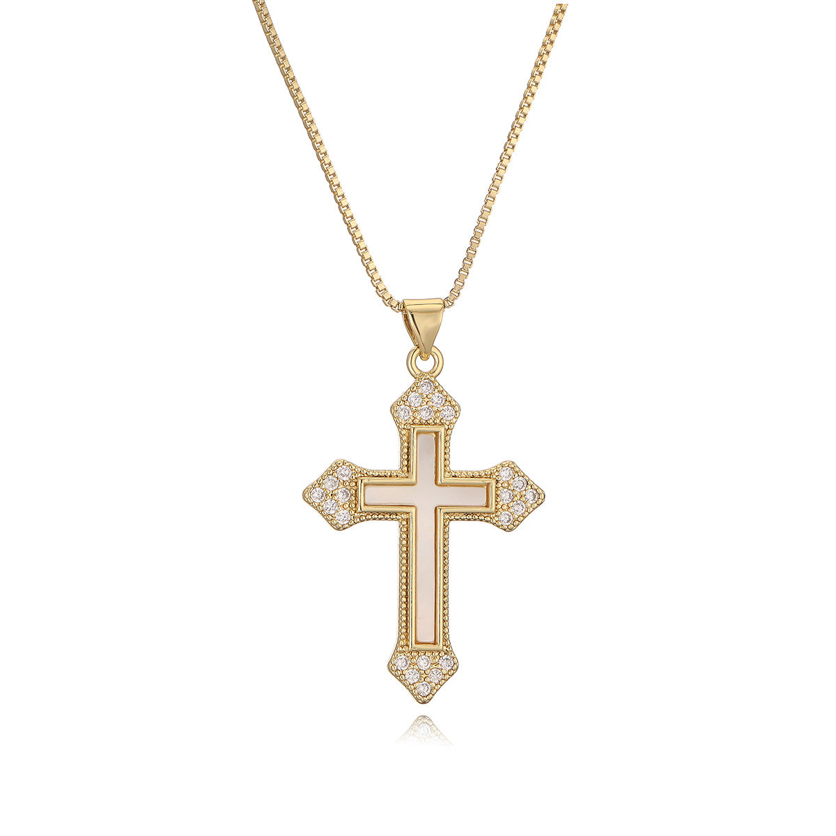 Collana con Ciondolo a Croce Minimalista da Donna in Rame con Placcatura in Oro 18 carati e Intarsio in Abalone Bianco