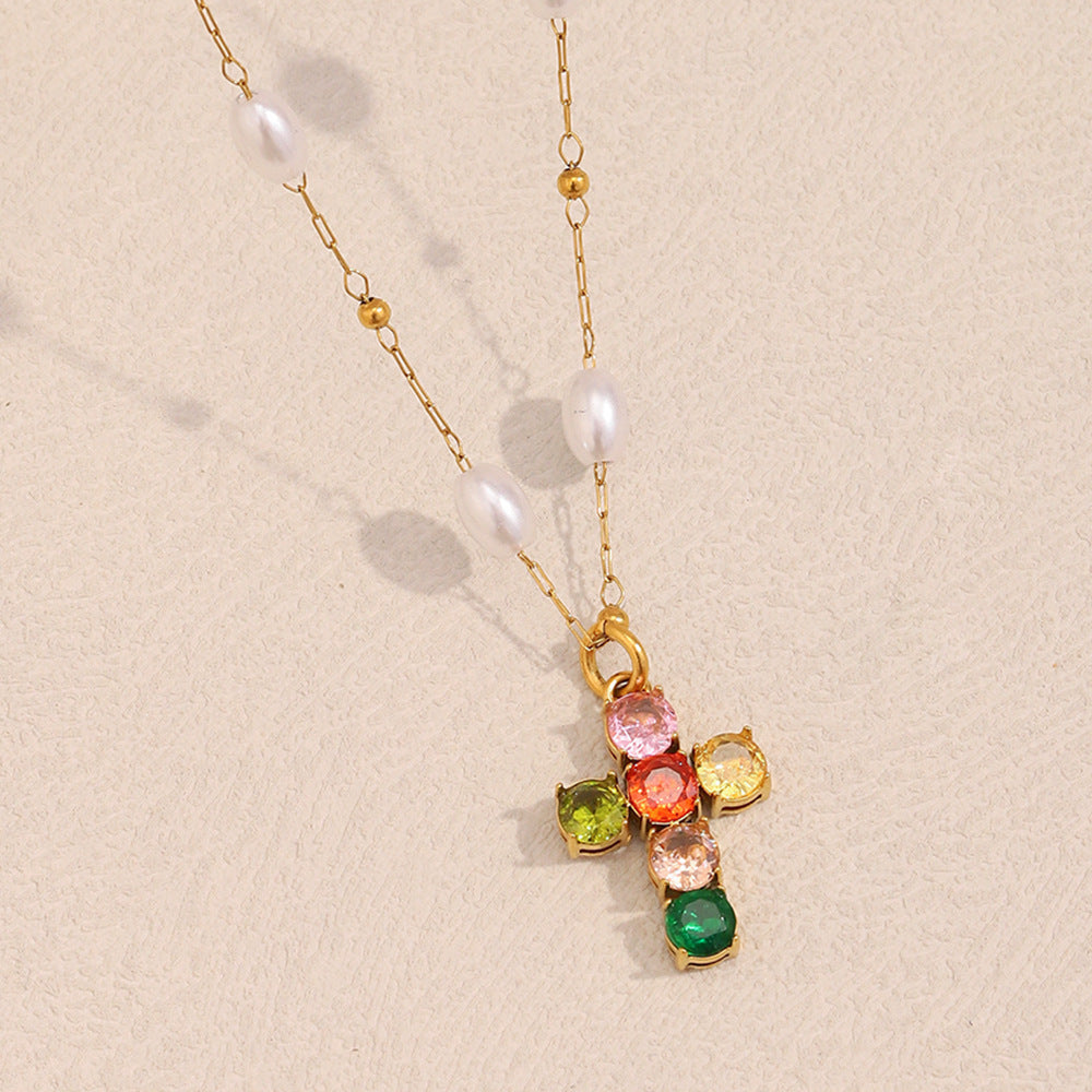 Elegant Minimalist Cross Pendant Necklace for Women Stainless Steel with 18K Gold Plating and Colorful Zircon Accents