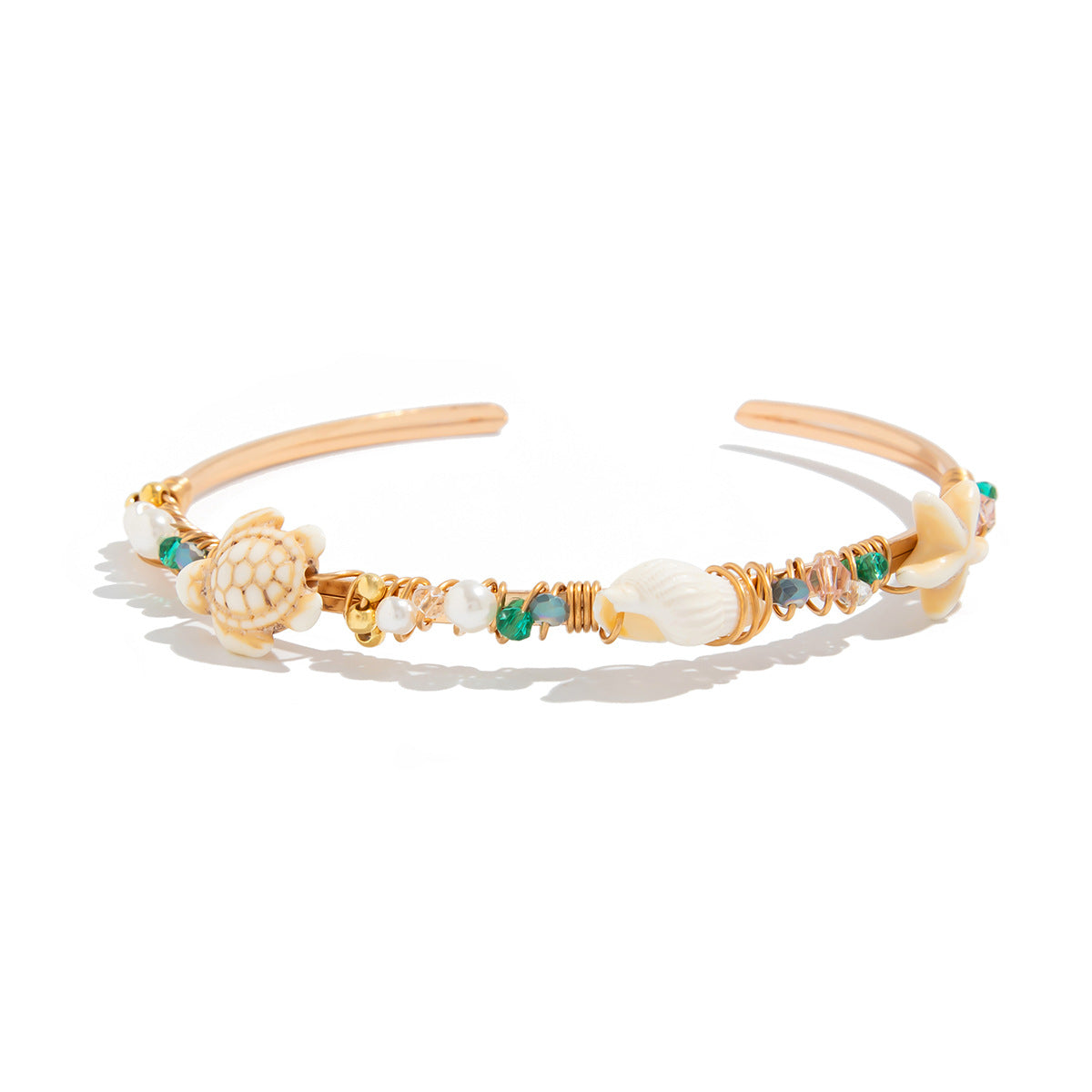 Braccialetto Bohemien a Guscio di Tartaruga con Accenti di Perle Imitazione e Finitura Placcata per Vacanze Estive al Mare