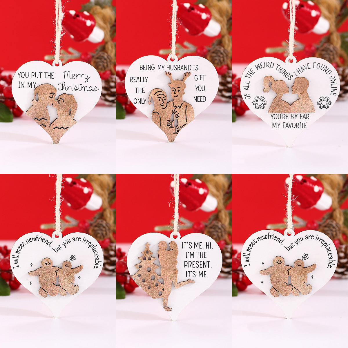 Ciondolo creativo in legno a forma di cuore con testo stampato per feste di Natale, coppie e amici