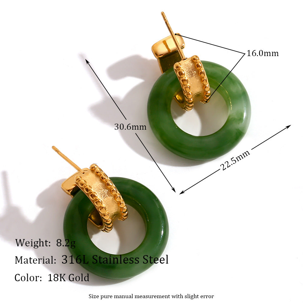 Vintage-Inspired Geometric Stainless Steel Earrings with 18K Gold Plating, Contrast Acrylic Beads and Rolled Edge Detail